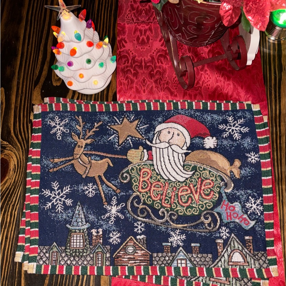 Festive Santa and Reindeer Holiday Placemats & Long Table runner